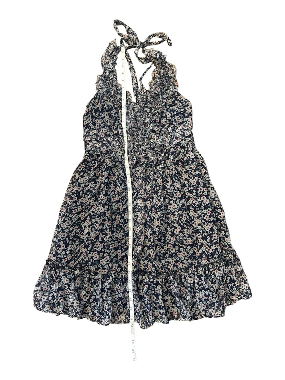 MM Couture Navy Floral Ruffle Halter Mini Dress 100%silk smocked cottagecore - Picture 8 of 8